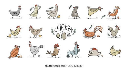 Funny Chicken and Rooster characters. Icons collection isolated on white for your design