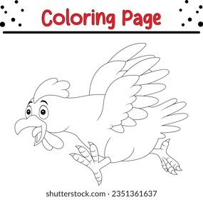  funny chicken running coloring page for children.