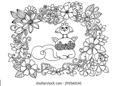 Funny chicken sitting on  a cat. Beautiful doodle flower frame
