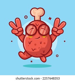 funny chicken thigh food character mascot with peace sign hand gesture isolated cartoon in flat style design