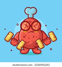 funny chicken thigh food character mascot doing bodybuilding using dumbbell isolated cartoon in flat style design