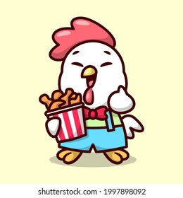 FUNNY CHICKEN WITH UNIFORN IS BRINGING A BUCKET OF FRIED CHICKEN AND SMILING. HIGH QUALITY CARTOON MASCOT.