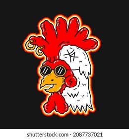 Funny chicken coсk. Vector hand drawn doodle line cartoon character illustration. Cool cock in sunglasses print for t-shirt, poster,sticker,cover,card concept