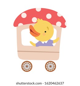 Funny Chicken Waving Wings Riding on Carriage Vector Illustration