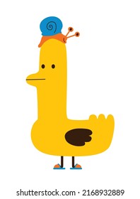 Funny chicken yellow bird wearing slippers with his snail friend on a white background - vector illustration