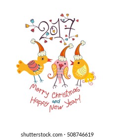 Funny chickens in Christmas cap. 2017. Merry Christmas and Happy New Year!
