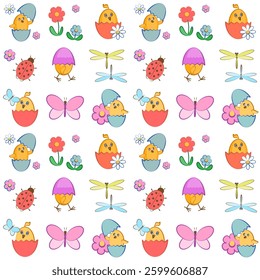 Funny chickens in colorful eggshells, flowers, butterflies. Vector seamless pattern on transparent background.