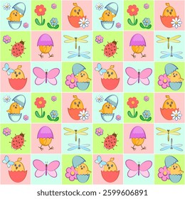 Funny chickens in colorful eggshells. Vector seamless pattern.