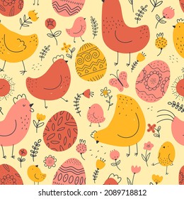 Funny chickens and decorative eggs. Seamless pattern, childish holiday prints, easter symbols, farm birds with plants flowers, doodle style, Decor textile, wrapping paper