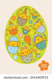 Pollos divertidos en un huevo. Colorida ilustración de Pascua. Ánimo de primavera.