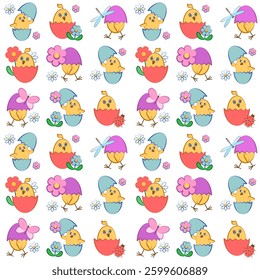Funny chickens, flowers, butterflies. Easter colorful seamless pattern on transparent background. - Powered by Shutterstock - Get 15% off with code: PIKWIZARD15