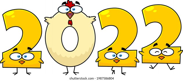 Funny Chickens New Year Numbers 2022 Cartoon Characters. Vector Hand Drawn Illustration Isolated On Transparent Background