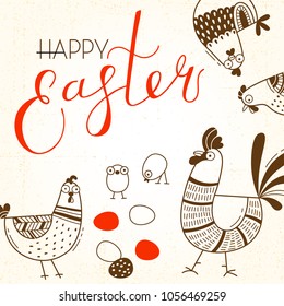 Funny chickens and rooster, eggs. Greeting card with Happy Easter writing. Vector illustration.