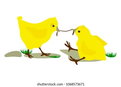 Funny chickens with worm. Vector illustration.