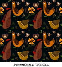 Funny chiken in flowers. Bright spring background in vector. Seamless pattern can be used for wallpapers, pattern fills, web page backgrounds, surface textures
