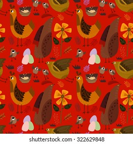 Funny chiken in flowers. Bright spring background in vector. Seamless pattern can be used for wallpapers, pattern fills, web page backgrounds, surface textures