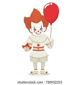 Funny child boy in clown fancy costume for Halloween with red balloon isolate on white background. cartoon vector illustration 