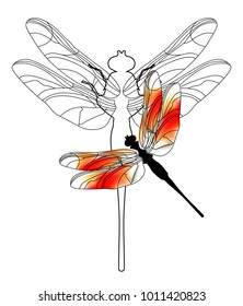Funny child cartoon illustration of a dragonfly. Bright Dragonfly flutters a summer's day over flowers.
