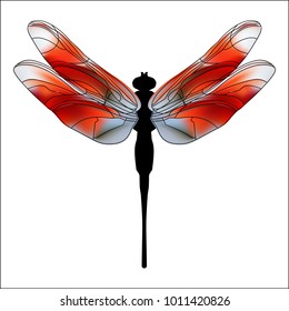 Funny child cartoon illustration of a dragonfly. Bright Dragonfly flutters a summer's day over flowers.