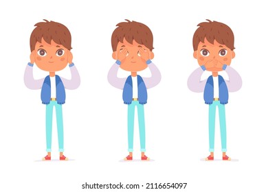 La divertida boca, los ojos y los oídos de los niños cierran la imagen vectorial. Caricatura lindo niño cubre partes del cuerpo con brazos como 3 monos sabios aislados en blanco. No ver, hablar y escuchar el concepto