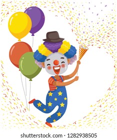 
Funny child clown with balloons. hild throws up a multi-colored tinsel and confetti. Little boy in wig jumping. Having fun celebrating birthday, brazilian , benice of carnival. Vector illustration.