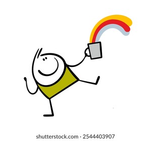 Funny child is dancing and holding a mug. Vector illustration of a multicolored rainbow pouring out of a glass. Optical effect, natural phenomenon, magic, miracle. Isolated on white background.