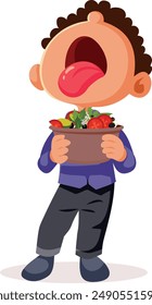 
Divertido Niño No Le Gusta Ensalada Verduras Vector Dibujos Animados. Comedor quisquilloso sintiéndose infeliz con la comida que recibe 
