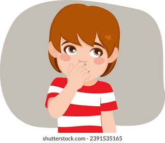 Funny child picking his nose vector illustration. Kid holding green mucus childhood bad habits concept