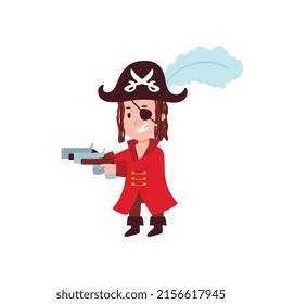 Niña divertida jugando piratas, ilustración vectorial de caricatura plana aislada en fondo blanco. Niño con piratas rojos camisol y puntería con pistolas vintage.
