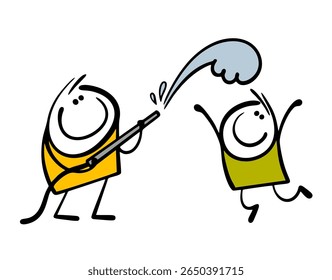 Funny child is playing in the water. Vector illustration of a gardener watering with a hose. Cartoon boy is jumping, having fun. Hot weather, children game.