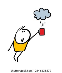 Funny child pulls his hand with a mug under the cloud and collects rainwater for drinking. Vector illustration of a cartoon stickman and a cloud in the sky. Isolated child    on white background.