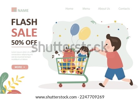 Funny child is pushing cart full of toys. Flash sale, discounts up to 50 percent, landing page, template. Discounts in toy store. Cute boy bought lot of various cheap toys. Flat vector illustration