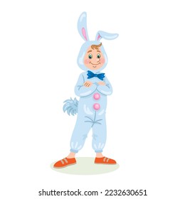 Funny child in a rabbit costume for a school party. In cartoon style. Isolated on white background.  Vector illustration.