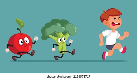 
Funny Child Running Away from Healthy Vegetables and Fruits Vector Cartoon. Little boy refusing to eat healthy nutritious balanced meals
