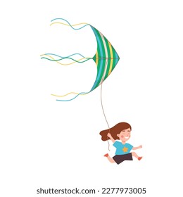 Funny child running with wind kite flat cartoon vector illustration isolated on white background. Kid character for happy childhood and summer fun topic.