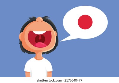 
Funny Child Speaking Japanese Vector Cartoon Illustration. Happy cheerful student learning a new foreign language 
