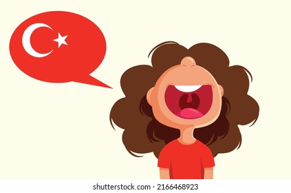 

Funny Child Speaking Turkish Language Vector Cartoon Illustration. Happy cheerful student learning a new foreign language
