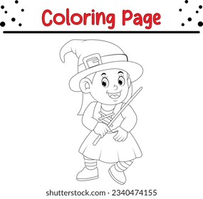 funny child witch cartoon coloring page. Halloween coloring book for kids