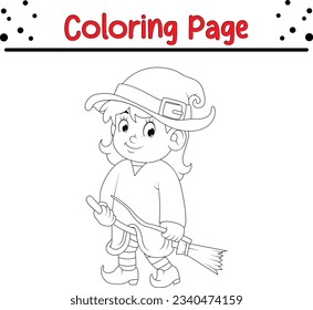 funny child witch cartoon coloring page. Halloween coloring book for kids