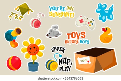 Funny Childhood Toy Stickers – Cute Vector Set with Quotes for Kids.A playful collection of colorful vector stickers featuring childhood toys.