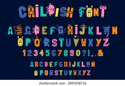 Funny childish alphabet, doodle creative font for kids. Playful english abc letters and numbers. Typography in scandinavian style vector set. Illustration of alphabet typography lettering