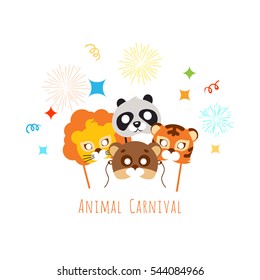 Funny childish animal masks for carnival in flat style. Masks of exotic animals lion and tiger with panda bear. Vector illustration of masques for festivals and children holidays. Dress code for kids