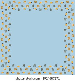 The funny childish blank square frame of baby rhinos, leopards, and rainbow toucans cheerful cartoon heads on a blue background. The place for text. Vector.