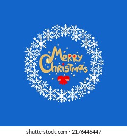 Funny childish blue greeting card for New Year and Xmas holidays with paper cutting snowflakes wreath and Merry Christmas hand drawing lettering
