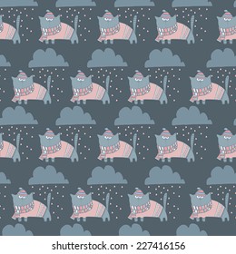 Funny childish cartoon background with clouds and cat. Seamless pattern