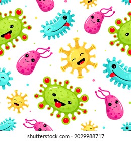 Illustration vectorielle à plat amusante, motif enfantin, bactérie, motif harmonieux. De mignons microbes de pierres précieuses souriantes avec un modèle de papier peint au visage heureux. Organisme de microbiologie de conception décorative de texture
