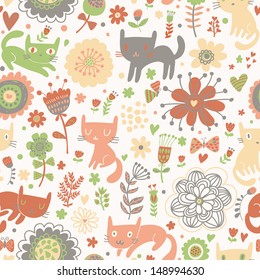 Gracioso dibujo animado infantil gatitos en flores de primavera. Se puede usar un patrón sin inconvenientes para papeles pintados, rellenos de patrones, fondos de páginas web, texturas superficiales. Maravilloso fondo floral sin fisuras