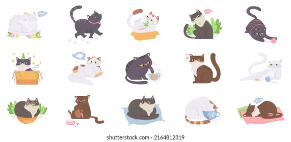 Funny childish cats set. Fluffy cartoon kittens isolated on white background. Cute kitty playing, sleeping, eating. Happy domestic pets. Vector illustration