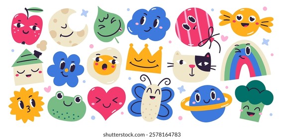 Funny childish characters whimsical doodles, charming colorful childlike baby shower elements. Quirky drawings with cute friendly joyful faces, positive emotions, decorative mascot vector illustration