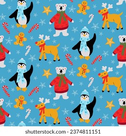 Funny childish Christmas characters seamless pattern. Funny colored polar bear, reindeer, penguin, gingerbread man in flat cartoon style on blue background. Ideal design for decoration, wrapping